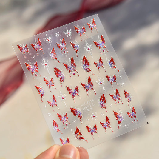 Red Butterfly 5D Nail Sticker Nail Art Decoration Spring Flowers Nail Art Decal Relief Sticker Press on Nails