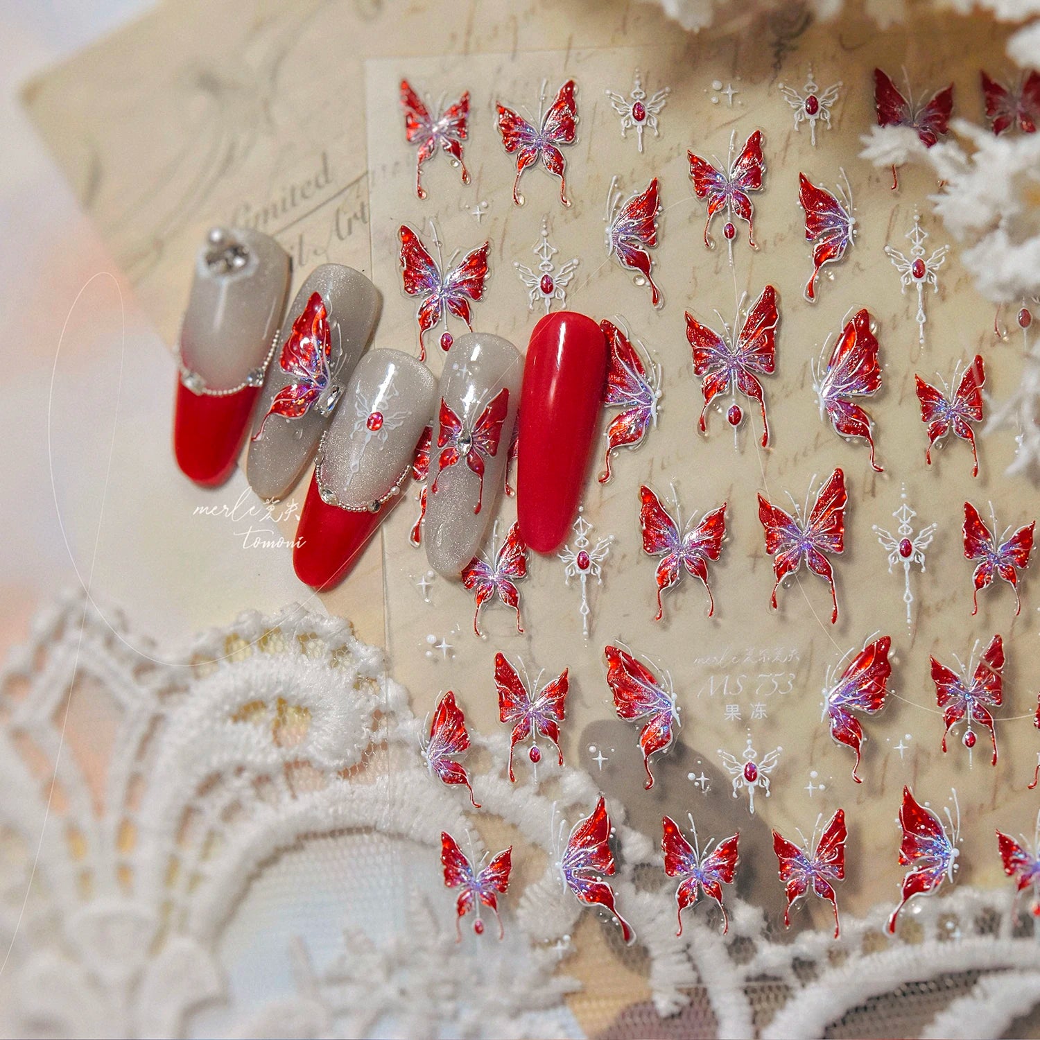 Red Butterfly 5D Nail Sticker Nail Art Decoration Spring Flowers Nail Art Decal Relief Sticker Press on Nails
